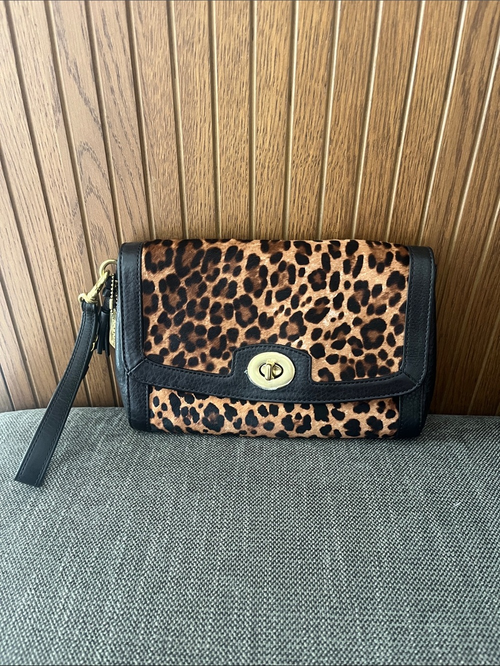 Coach Leopard Print Wristlet Clutch with Black Trim